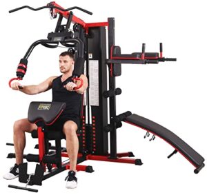 balancefrom multifunctional home gym system workout station with leg extension, preacher curl, pushup, dip and situp stand, 122.5lb weight stack, model 900