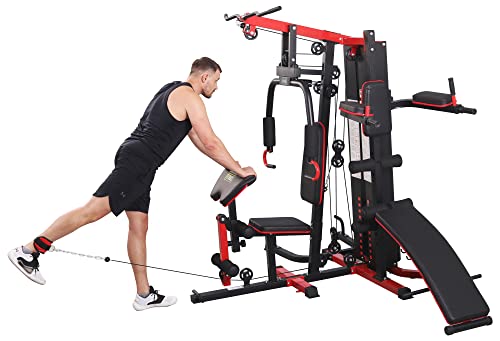 BalanceFrom Multifunctional Home Gym System Workout Station with Leg Extension, Preacher Curl, Pushup, Dip and Situp Stand, 122.5LB Weight Stack, Model 900