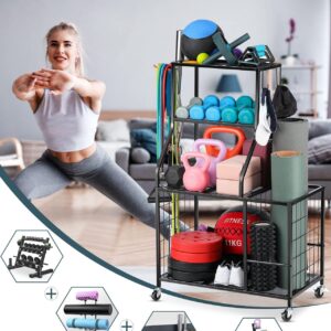 Weight Rack For Dumbbells Storage - Home Gym Storage Yoga Mat Storage Rack Workout Equipment Storage Rack for Kettlebells, Multifunction Exercise Equipment Gym Rack Organizer with Wheels and Hooks