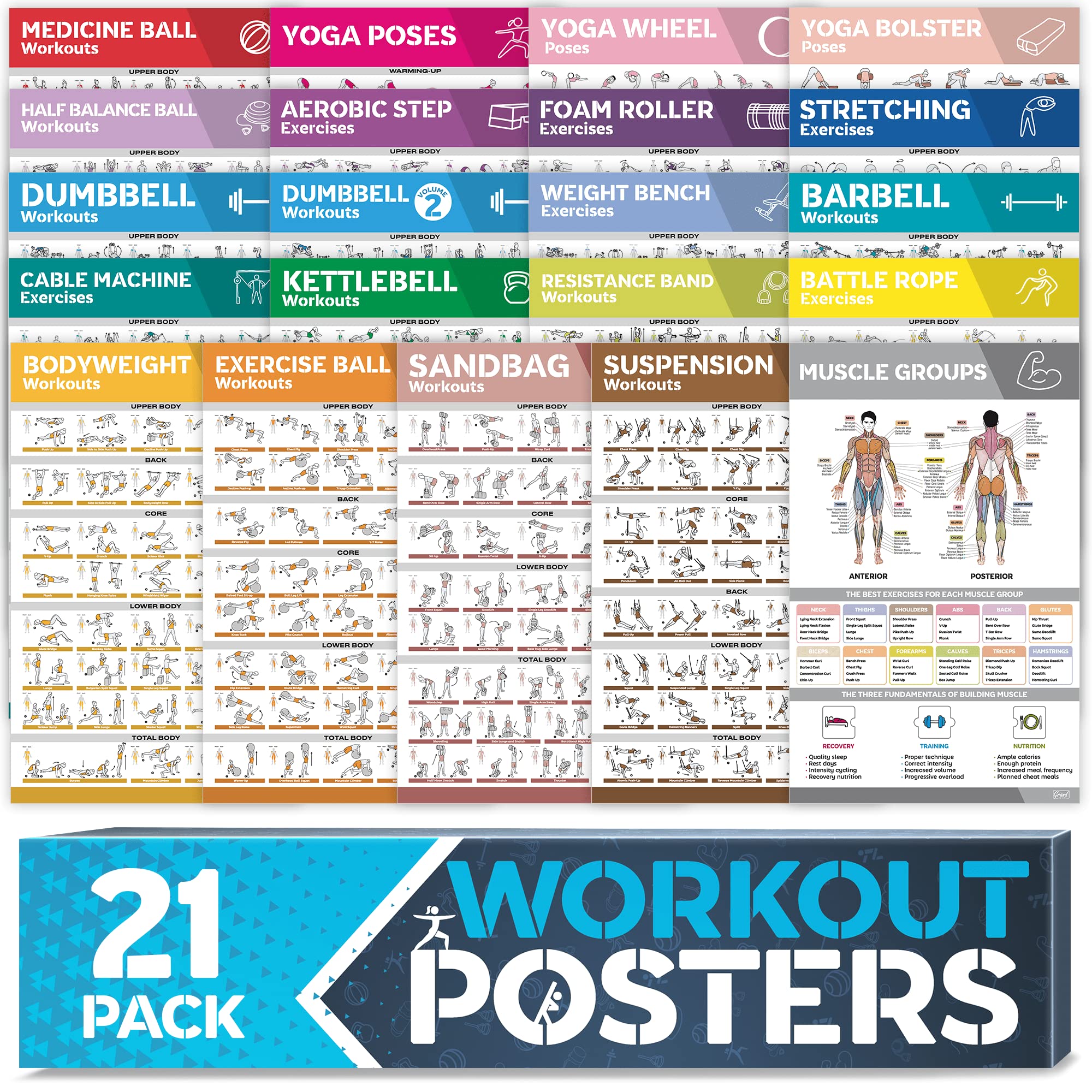 [21-PACK] Laminated Large Workout Poster Set - Perfect Workout Posters for Home Gym - Exercise Charts Incl. Dumbbell, Yoga Poses, Resistance Band, Kettlebell, Stretching & More Fitness Gym Posters