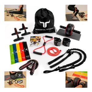 immortal fitness portable home workout resistance set - physical therapy at home - resistance bands, jump rope, ab wheel, push-up bars, and more! great for training at home or on the go