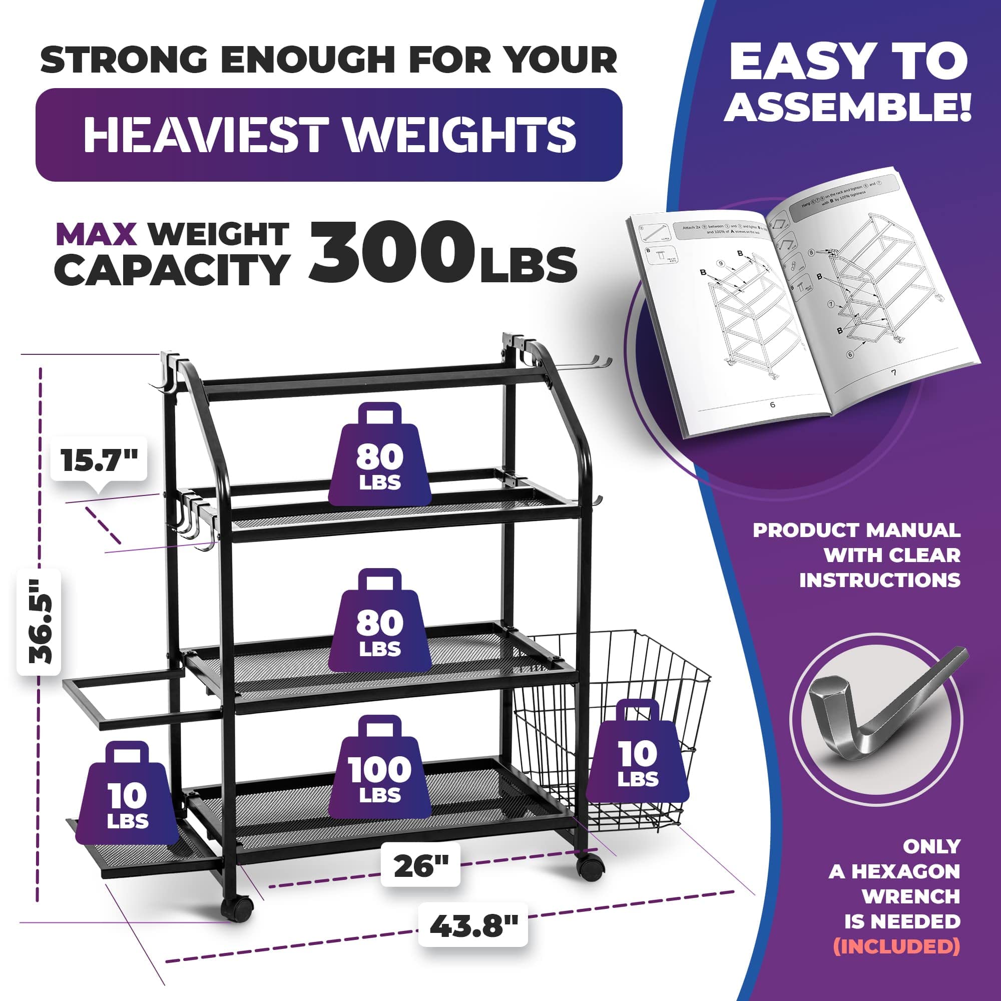 Grand Basics Home Gym Storage Rack for Yoga Mats - Easy to Assemble Weight Rack for Home Gym - Heavy-Duty Organizer for Dumbbells & All Workout Equipment - Gym Organization for Exercise Accessories