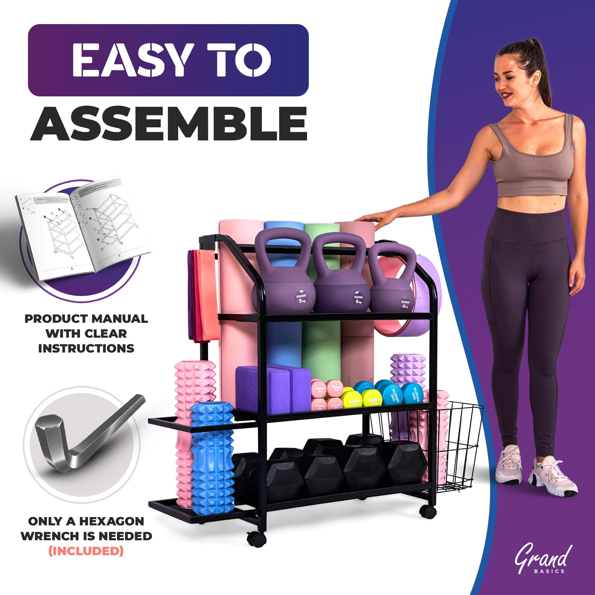 Grand Basics Home Gym Storage Rack for Yoga Mats - Easy to Assemble Weight Rack for Home Gym - Heavy-Duty Organizer for Dumbbells & All Workout Equipment - Gym Organization for Exercise Accessories