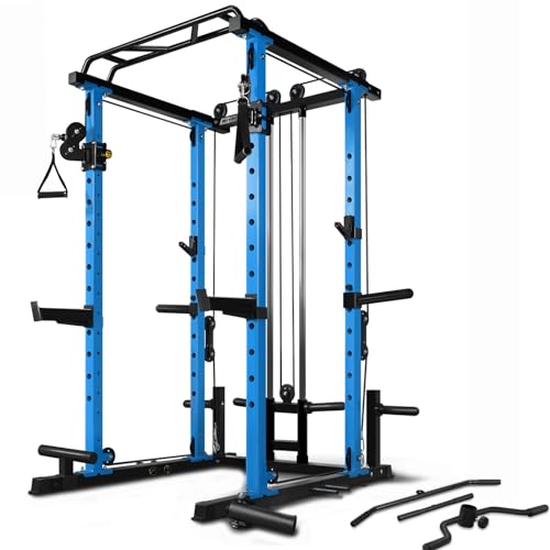 RitFit Multi-Function Power Rack Cage PPC03 with Adjustable Cable Crossover System,1000LBS Capacity, Full Home Gym Workout with J-Hook, Landmine and Other Attachments-Blue