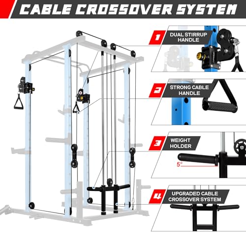 RitFit Multi-Function Power Rack Cage PPC03 with Adjustable Cable Crossover System,1000LBS Capacity, Full Home Gym Workout with J-Hook, Landmine and Other Attachments-Blue