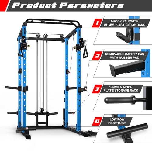 RitFit Multi-Function Power Rack Cage PPC03 with Adjustable Cable Crossover System,1000LBS Capacity, Full Home Gym Workout with J-Hook, Landmine and Other Attachments-Blue