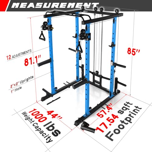 RitFit Multi-Function Power Rack Cage PPC03 with Adjustable Cable Crossover System,1000LBS Capacity, Full Home Gym Workout with J-Hook, Landmine and Other Attachments-Blue