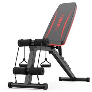 hitosport adjustable weight bench for full body exercise, foldable strength training bench press with resistance bands for home gym & body workout newly upgraded