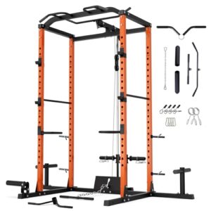 VANSWE Power Cage with LAT Pulldown Attachment, 1200-Pound Capacity Power Rack Full Home Gym Equipment with Multi-Grip Pull-up Bar, Landmine, T bar and Dip Handle (2024 Updated Version) (Orange)