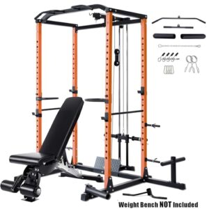 VANSWE Power Cage with LAT Pulldown Attachment, 1200-Pound Capacity Power Rack Full Home Gym Equipment with Multi-Grip Pull-up Bar, Landmine, T bar and Dip Handle (2024 Updated Version) (Orange)