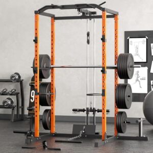 VANSWE Power Cage with LAT Pulldown Attachment, 1200-Pound Capacity Power Rack Full Home Gym Equipment with Multi-Grip Pull-up Bar, Landmine, T bar and Dip Handle (2024 Updated Version) (Orange)