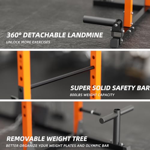 VANSWE Power Cage with LAT Pulldown Attachment, 1200-Pound Capacity Power Rack Full Home Gym Equipment with Multi-Grip Pull-up Bar, Landmine, T bar and Dip Handle (2024 Updated Version) (Orange)