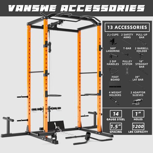 VANSWE Power Cage with LAT Pulldown Attachment, 1200-Pound Capacity Power Rack Full Home Gym Equipment with Multi-Grip Pull-up Bar, Landmine, T bar and Dip Handle (2024 Updated Version) (Orange)