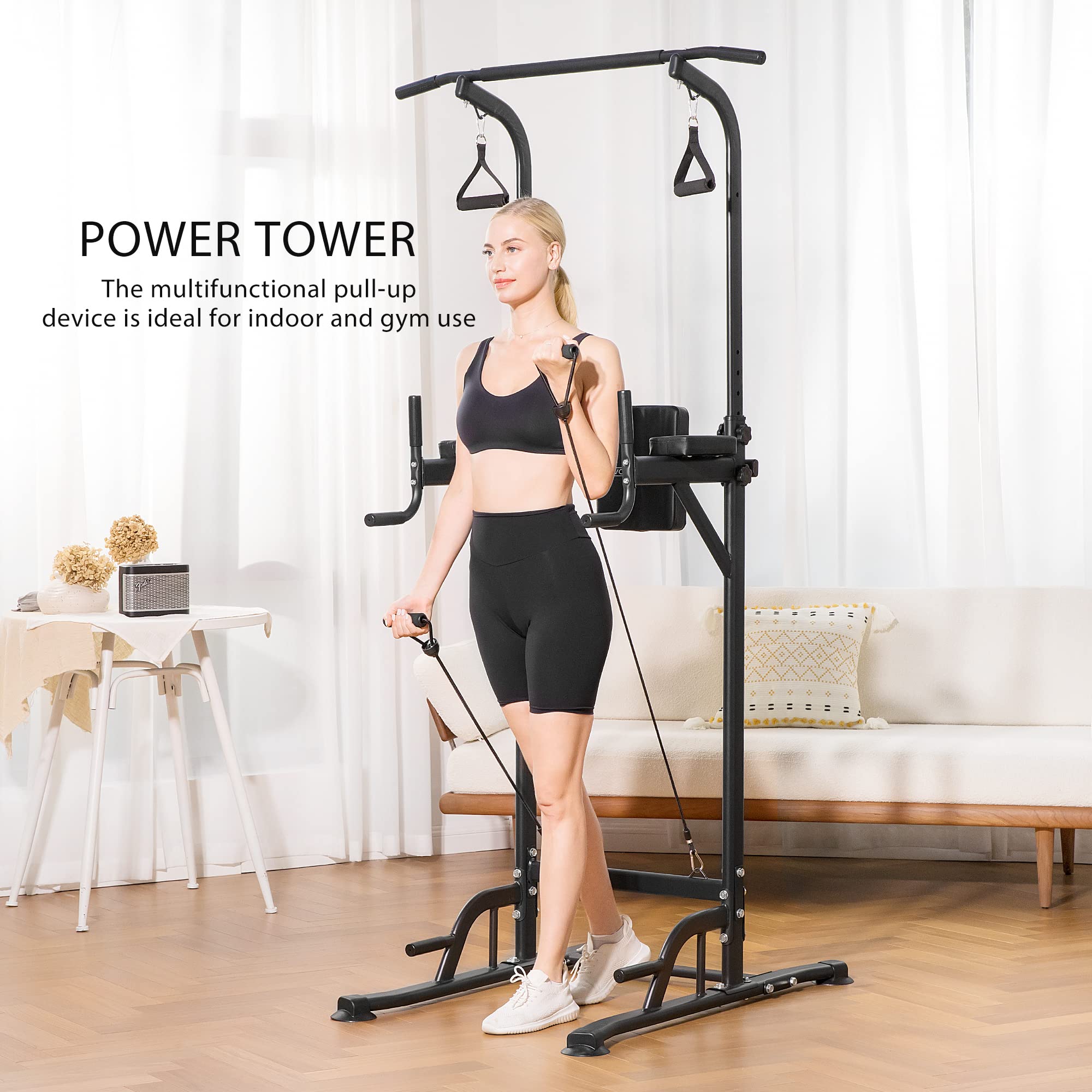 VIVOHOME Power Tower Dip Station, Height Adjustable Multi-Function Pull Up Station with Backrest, Workout Dip Bar Station Fitness Strength Training Exercise Equipment for Home Gym 330LBS