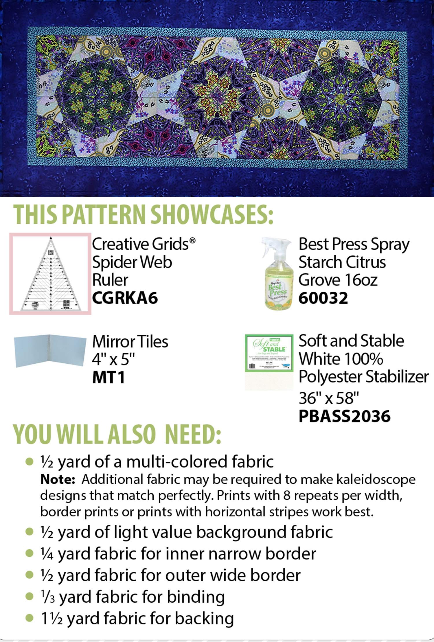 Bundle of Creative Grids Spider Web Quilt Ruler (CGRKA6) and Vertigo Table Runner Quilt Pattern by Cut Loose Press