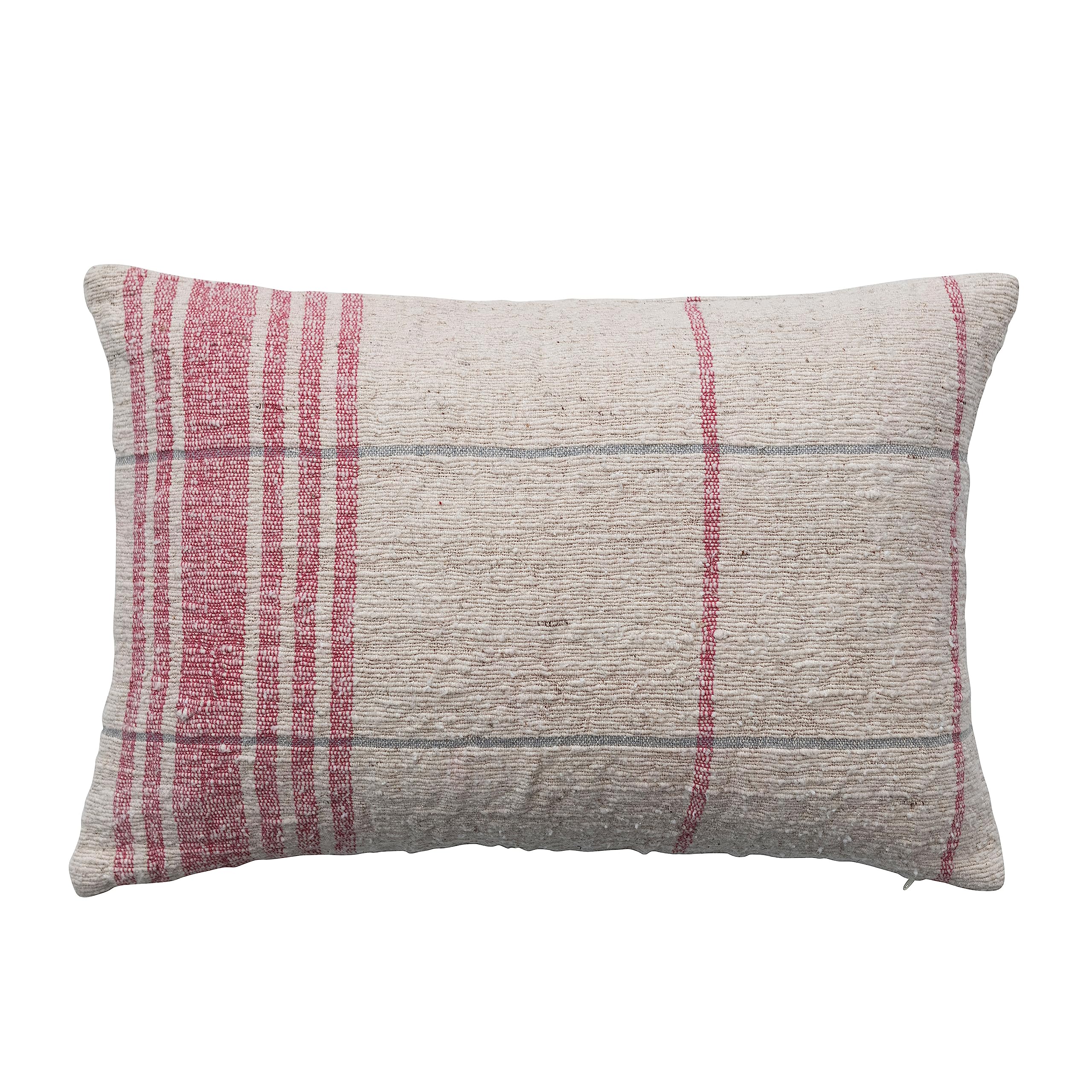 Creative Co-Op 24 Inches Woven Cotton Slub Lumbar Grid Pattern, Natural and Red Pillow