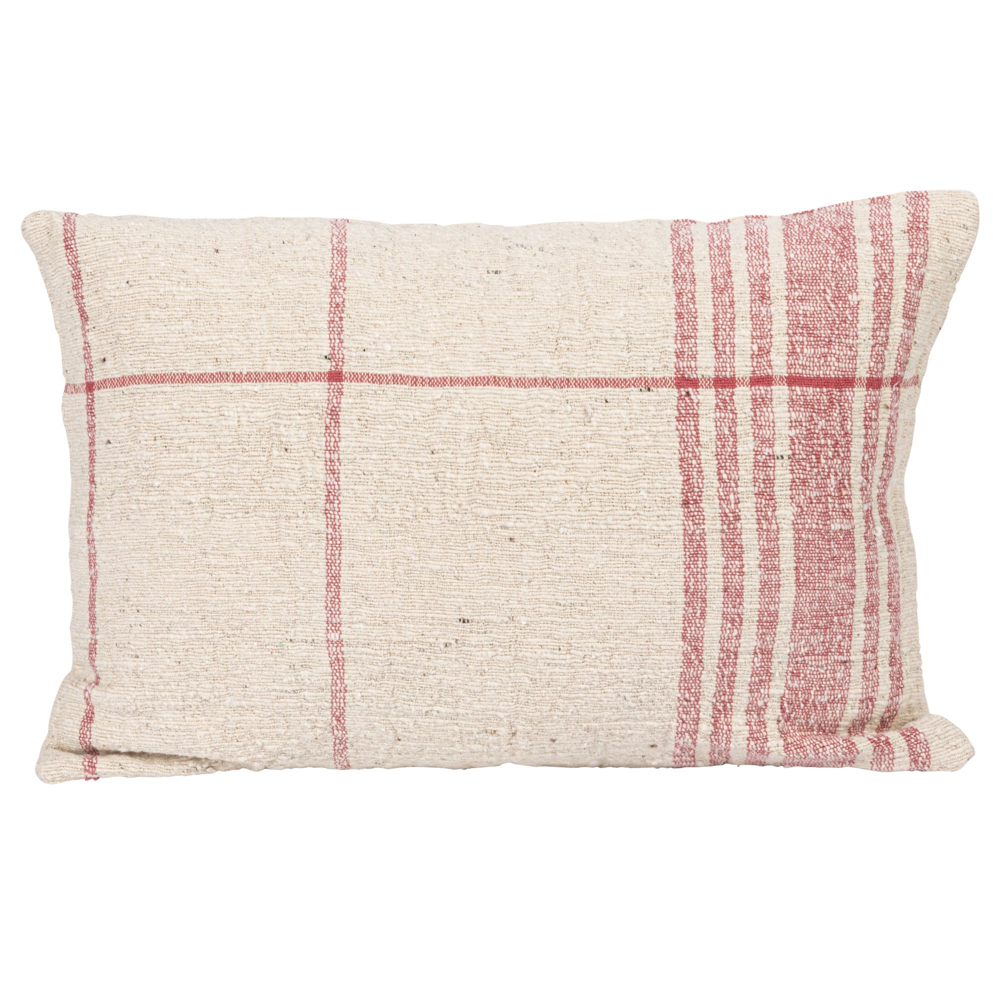 Creative Co-Op 24 Inches Woven Cotton Slub Lumbar Grid Pattern, Natural and Red Pillow