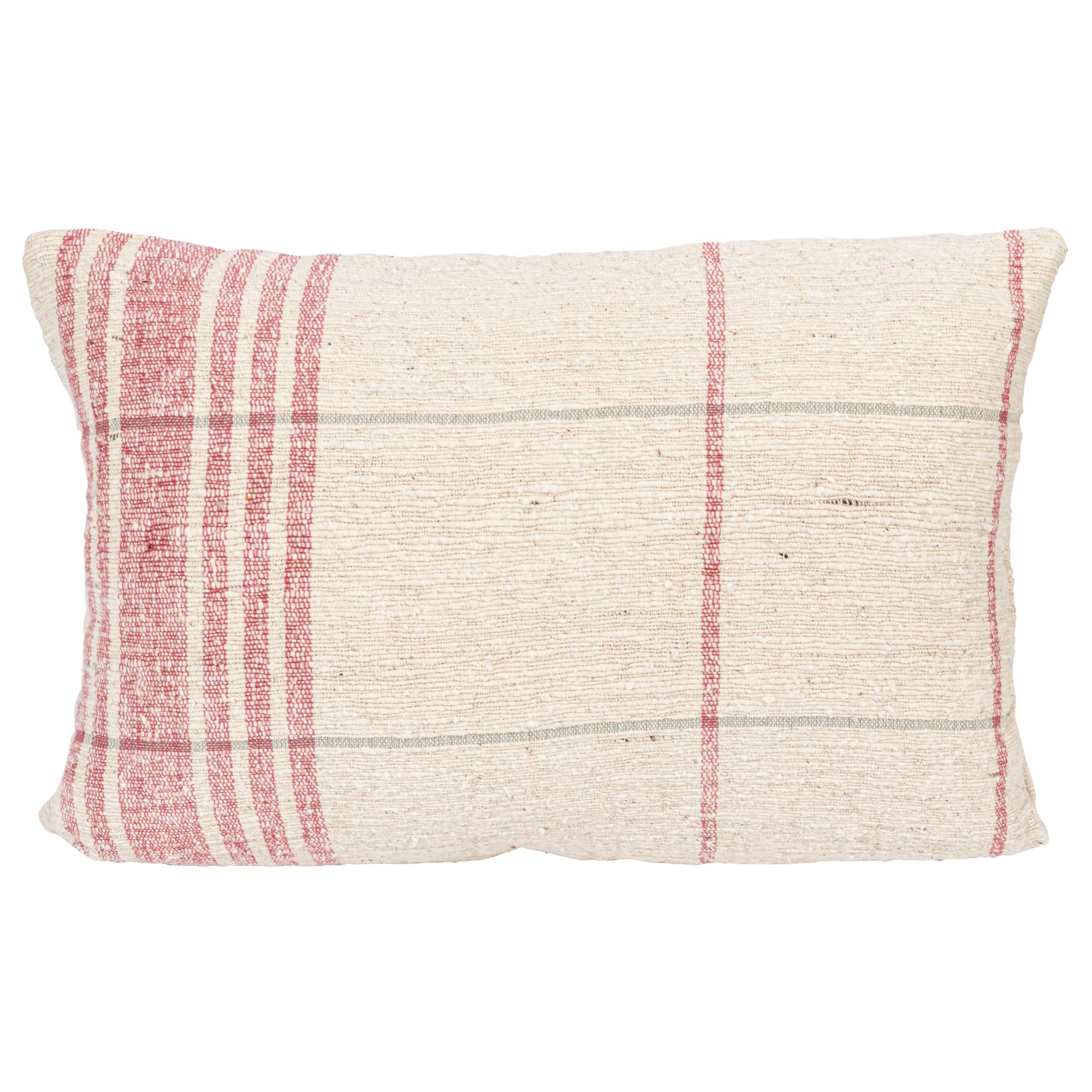 Creative Co-Op 24 Inches Woven Cotton Slub Lumbar Grid Pattern, Natural and Red Pillow