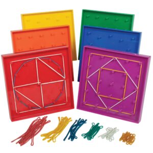 edxeducation double-sided geoboard set - set of 6 with rubber bands - ages 3+ - math manipulatives, geometry, fine motor skills, creativity for kids - 5 x 5 grid/12 pin circular array