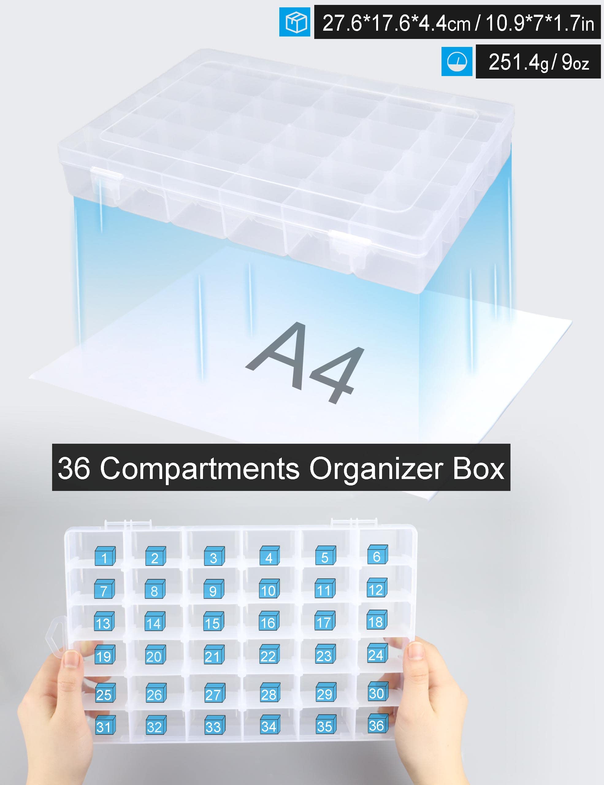 Hlotmeky Bead Organizer 36 Grids 4 Pack Clear Plastic Parts Organizer Box 3600 Tackle Box Craft Storage Compartment Divided Container