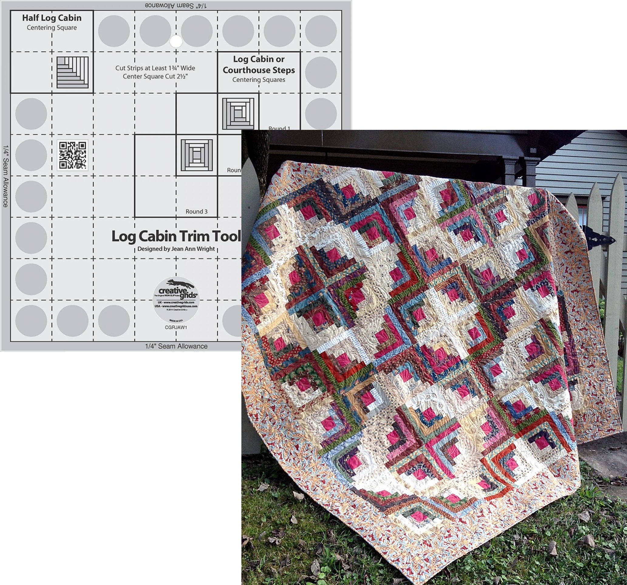 Bundle of Creative Grids Log Cabin Trim Tool for 8" Finished Blocks Quilt Ruler (CGRJAW1) and Country Retreat Log Cabin Pattern by Cut Loose Press