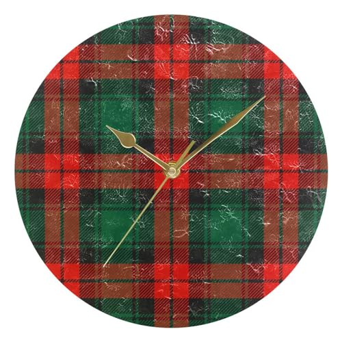 Haskirky Round Digital Clock Red and Green Grid Creative Decorative Quiet Not Ticking Clock,Bedroom Living Room Bathroom Kitchen Office Wall Ornament (Gold 10x10In)