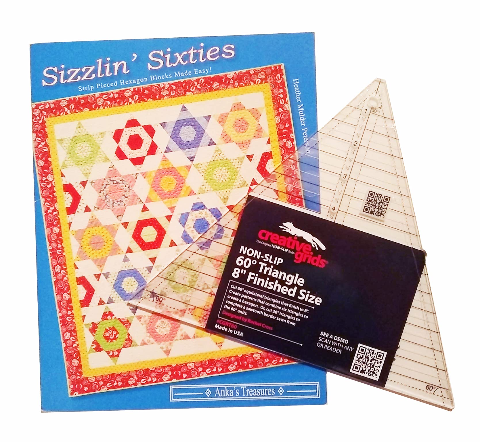 Creative Grids The Sizzzlin' Sixties Quilts Book by Anka's Treasures & The 60-Degree Triangle (8" Finished) Ruler cgrT60 Bundle