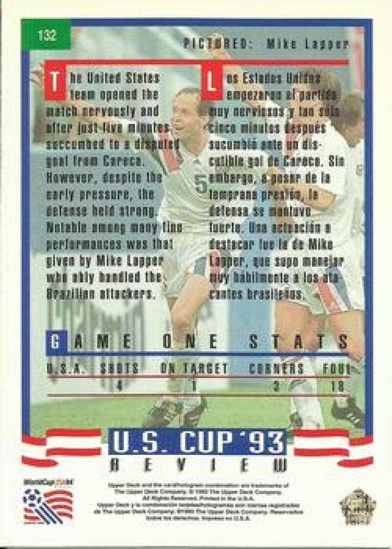 1993 Upper Deck World Cup Preview (English/Spanish) #132 Mike Lapper REV USA Official FIFA WC Soccer Card in Raw (NM or Better) Condition