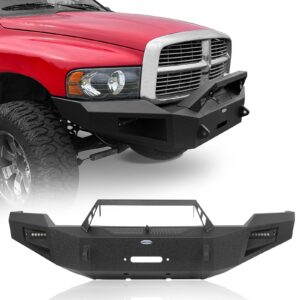 hooke road 03-05 ram full width front bumper w/winch plate & led spotlights for 2003 2004 2005 dodge ram 2500 3500 truck (excluding diesel models), solid steel offroad bumper