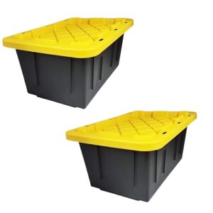 homz durabilt 15-gallon storage tote with flip lid, heavy-duty storage bin with snap-on lid, black and yellow, 2 pack