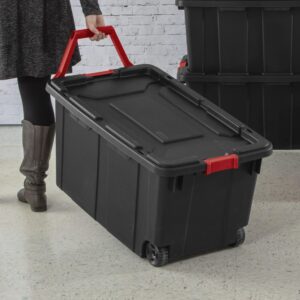 LeNvod 40 Gallon Wheeled Industrial Tote Plastic Black Set of 2 Plastic Storage Boxes Bins Containers Home