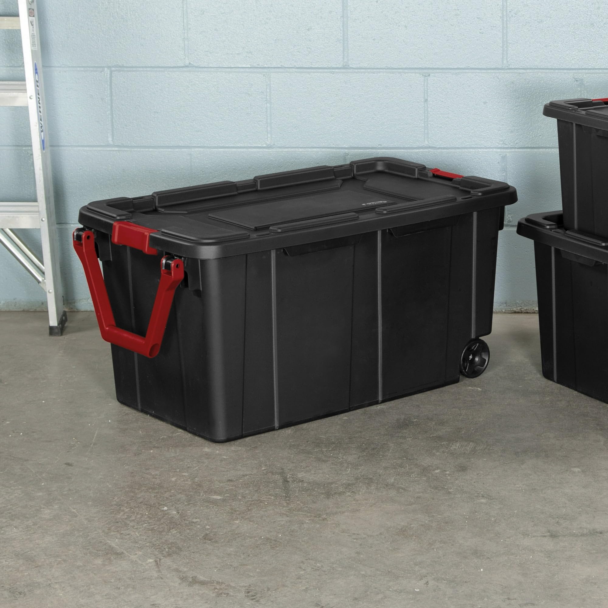 LeNvod 40 Gallon Wheeled Industrial Tote Plastic Black Set of 2 Plastic Storage Boxes Bins Containers Home