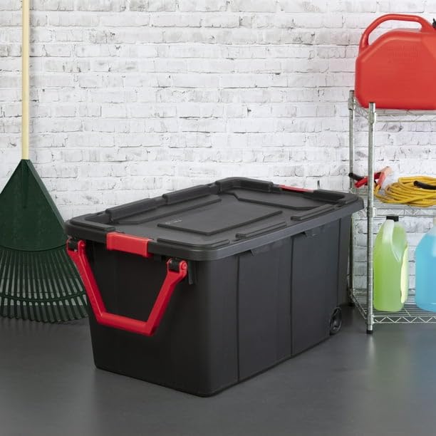 LeNvod 40 Gallon Wheeled Industrial Tote Plastic Black Set of 2 Plastic Storage Boxes Bins Containers Home