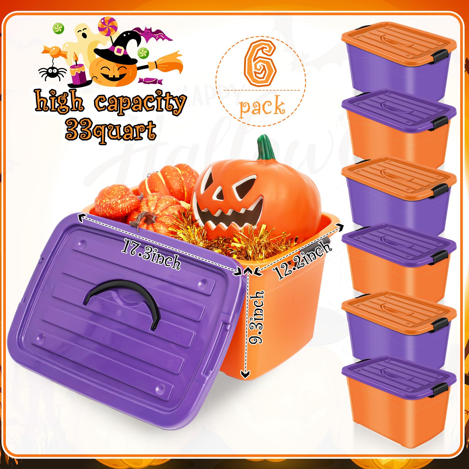 Abbylike 33 Quarts Halloween Storage Bin Holiday Seasonal Storage Totes with Lids Orange Purple Halloween Ornament Storage Containers for Halloween Home Organization Holiday Decoration(6 Pack)