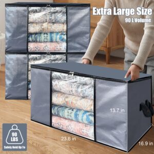 Cosy Family 90L Durable Storage Clothing Bags - Storage Containers Clothes Organizer with Reinforced Handle Sturdy Woven Fabric for Blankets, Bedding, Collapsible with Zipper, 6 Pack, Grey