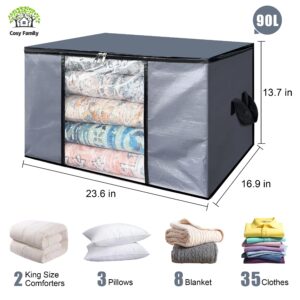 Cosy Family 90L Durable Storage Clothing Bags - Storage Containers Clothes Organizer with Reinforced Handle Sturdy Woven Fabric for Blankets, Bedding, Collapsible with Zipper, 6 Pack, Grey