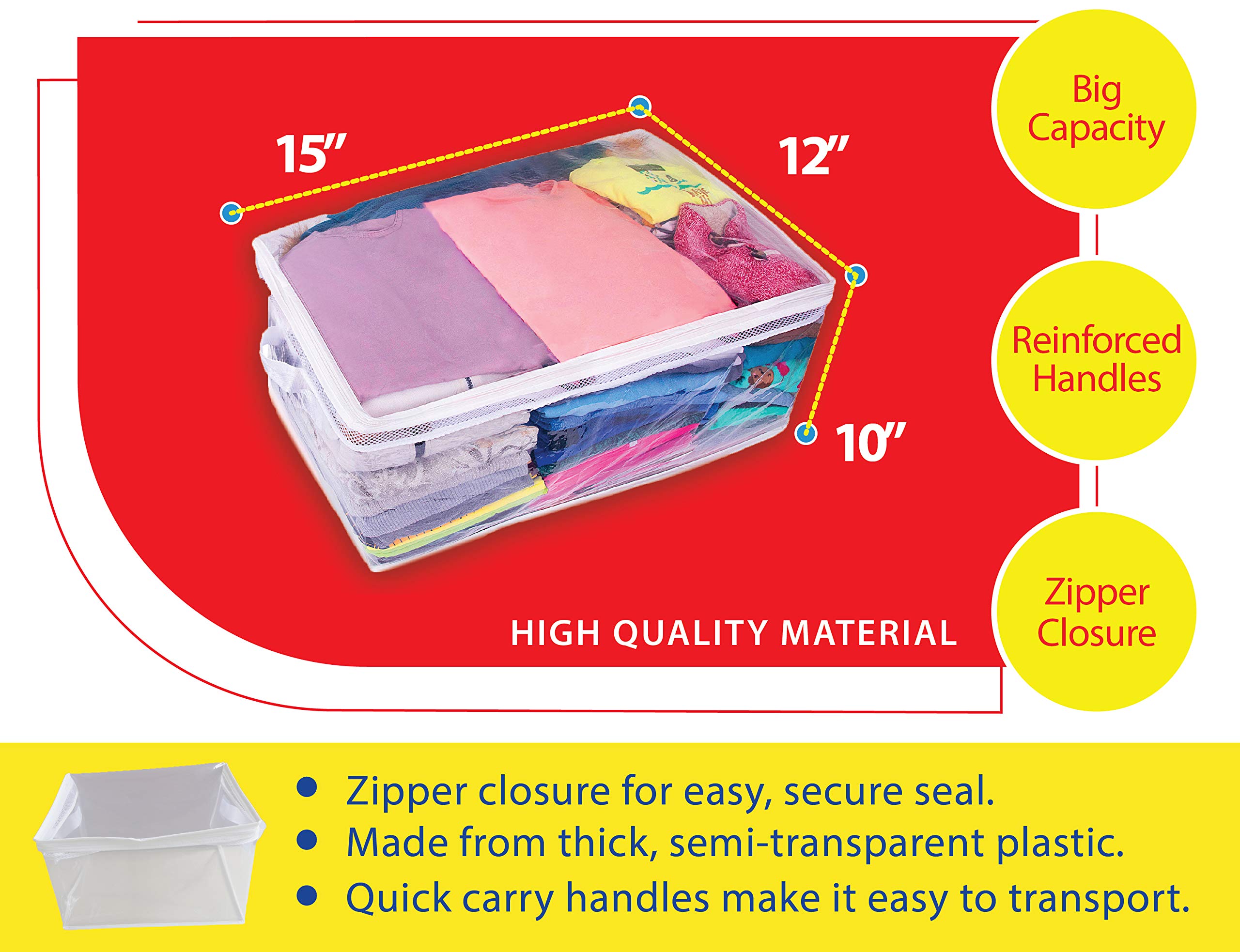 Extra Large Big 10 Gallon Size Clear Plastic Totes, Zippered Storage Bags for Home, Travel, Moving, Clothing, Space Saver Closet Organization, Quilts, Blankets, Toys (Pack of 4) (10 Gallon)