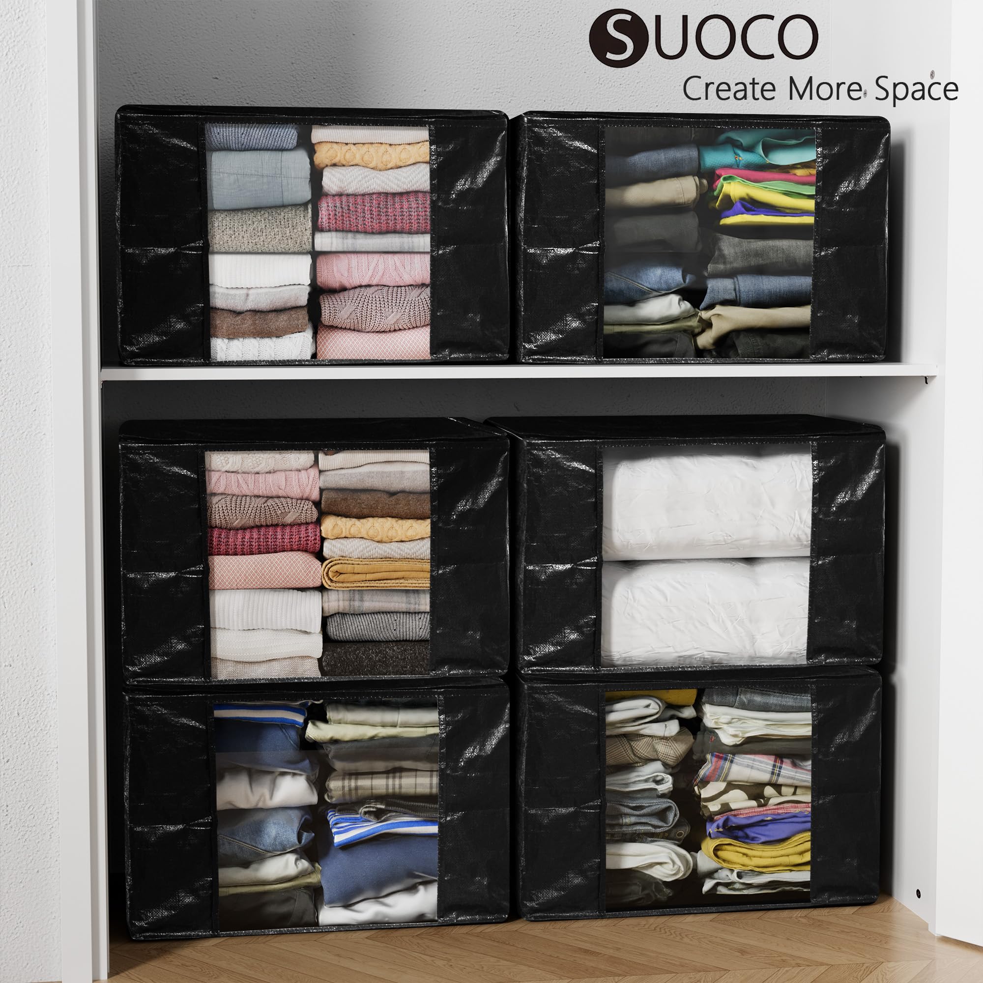 SUOCO 6 Pack 90L Clothing Storage Bags, Heavy Duty Storage Bins, Extra Large Moving bags, Storage Containers for Clothes, Blankets, Comforters, Bed Sheets and Pillows