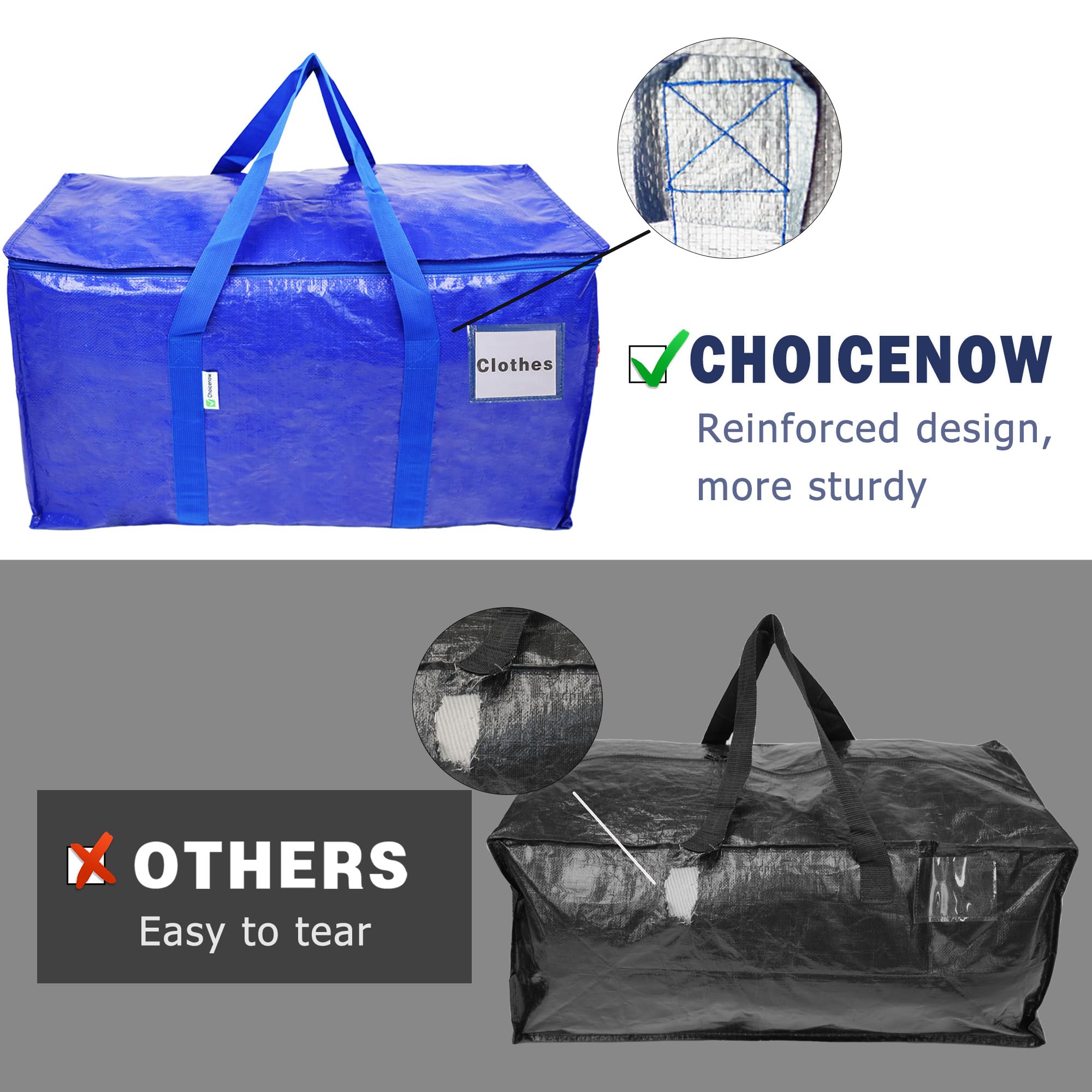 CHOICENOW Extra Large Moving Bags for Clothes,Heavy-Duty Storage Tote with Zippers and Handles(24Gallon),for College Dorms and Space Saving Moving Storage (Blue, 2 Pack)