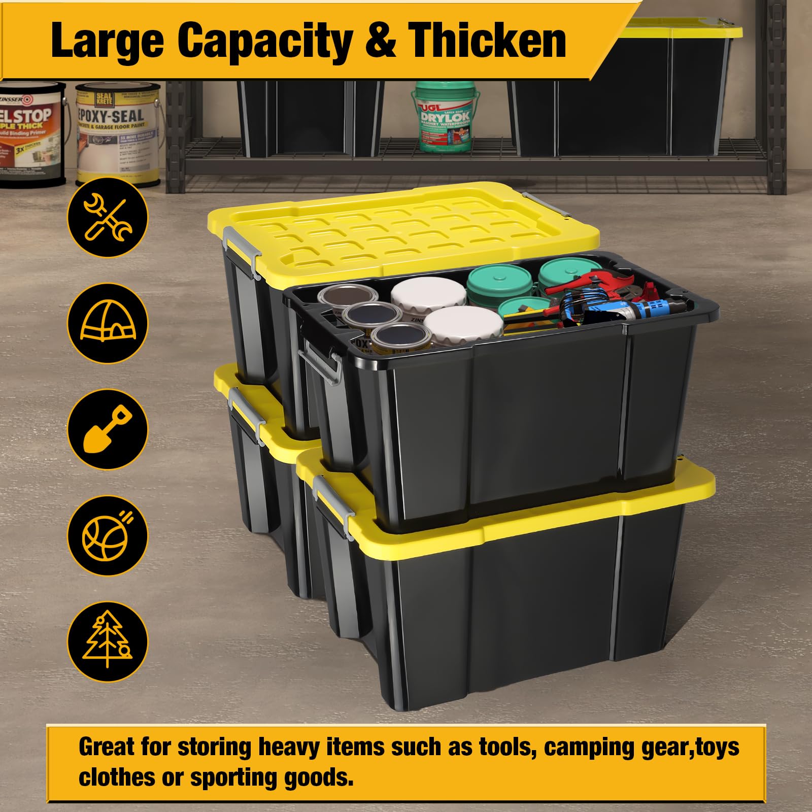 BROVIEW V12 16Gal Heavy Duty Storage Bins with Latching Lids, Stackable Plastic Tough Tote Containers with Handles for Tools Camping Hunting Sporting Goods Organizing (Black Base/Yellow Lid, 4Pack)