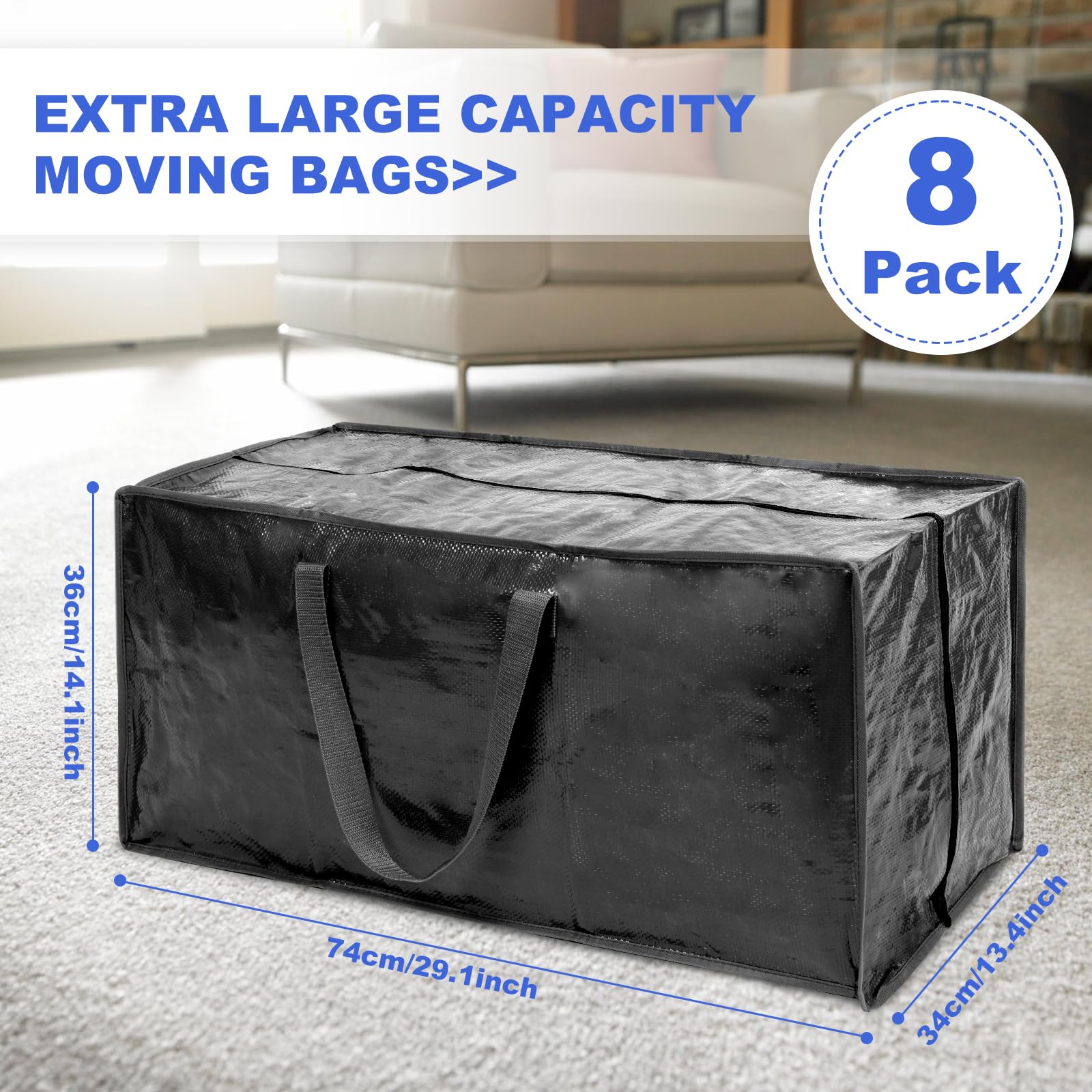 Clear Moving Bags - 8 Pack Extra Large Heavy Duty Storage Bags With Zipper & Reinforce Handles | 29x14x13 Inch Moving Tote Bags Bulk For Clothing, Shoes, Travel