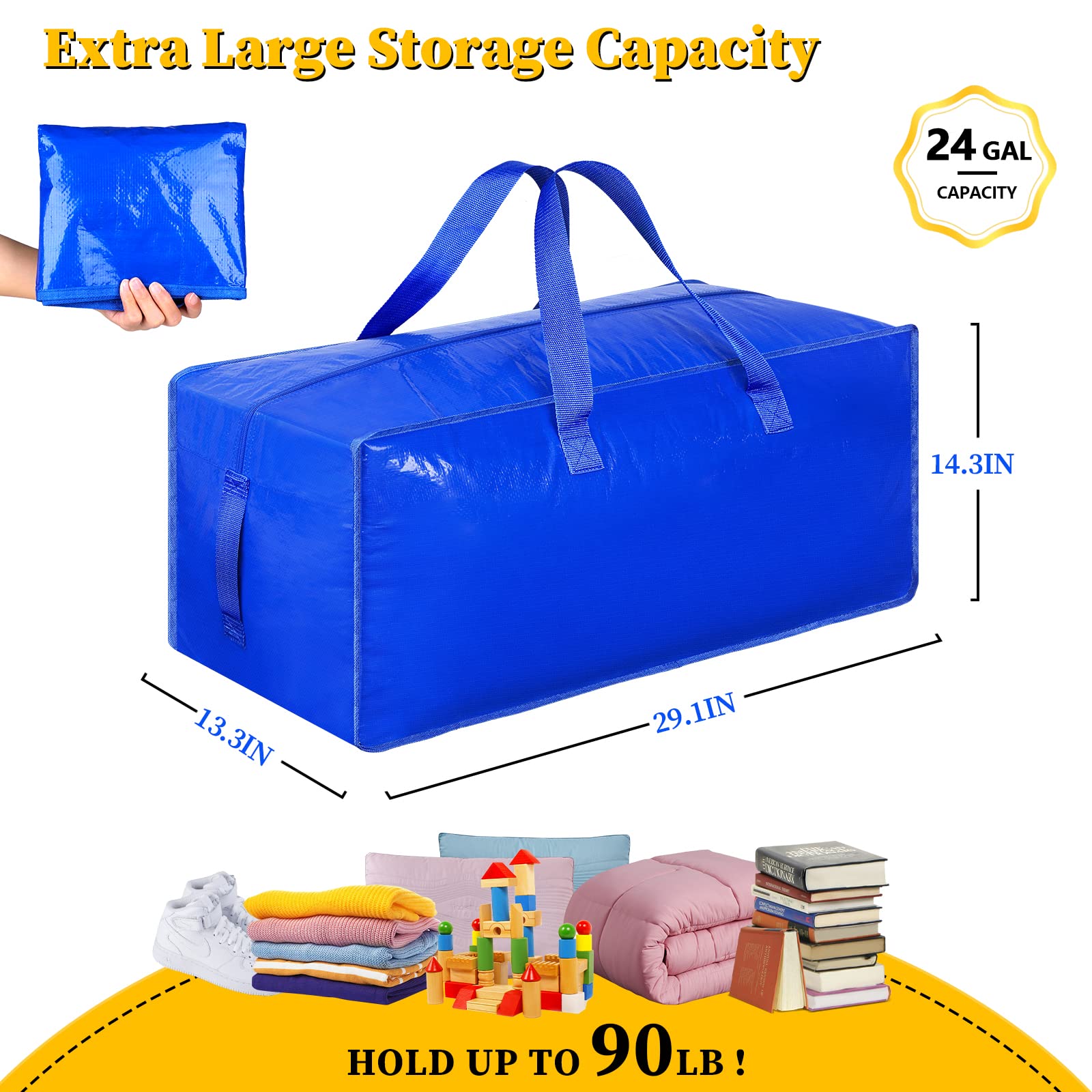 8-Pack Extra Large Moving Bags, Heavy Duty Storage Bags w/Strong Handle & Zippers, Storage Tote for Space Saving, Alternative to Moving Boxes, Bags for Clothing Dorm Travel Packing Supplies (Blue)