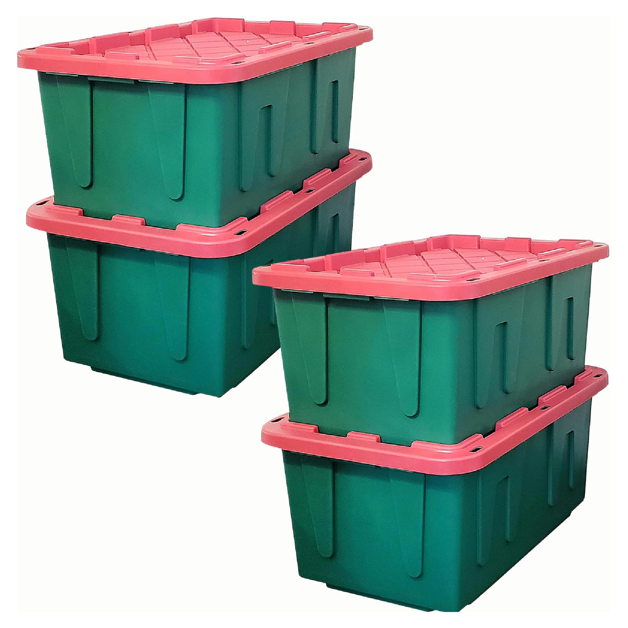 HOMZ 27-Gallon Stackable Plastic Holiday Storage Container, Heavy-Duty Nesting Christmas Storage Bins with 4-Way Handles, Green/Red, 4 Pack