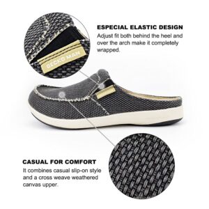 Mens Slippers with Arch Support, Canvas House Slipper for Men with Suede Insole and Velvet Lining, Slip on Clog House Shoes with Indoor Outdoor Anti-Skid Rubber Sole, Black, 8.5