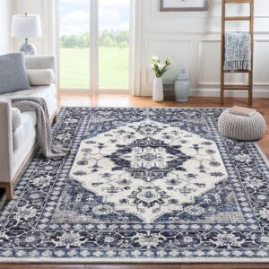 area rug living room rugs: 9x12 large machine washable boho carpet vintage medallion floral indoor non slip decor carpets for under dining table bedroom farmhouse nursery home office blue