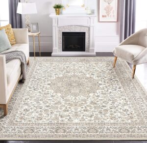 area rug living room rugs: 9x12 large machine washable non slip thin carpet soft indoor luxury floral stain resistant carpets for under dining table farmhouse bedroom nursery home office beige