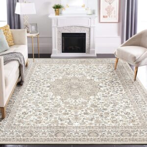 Area Rug Living Room Rugs: 9x12 Large Machine Washable Non Slip Thin Carpet Soft Indoor Luxury Floral Stain Resistant Carpets for Under Dining Table Farmhouse Bedroom Nursery Home Office Beige