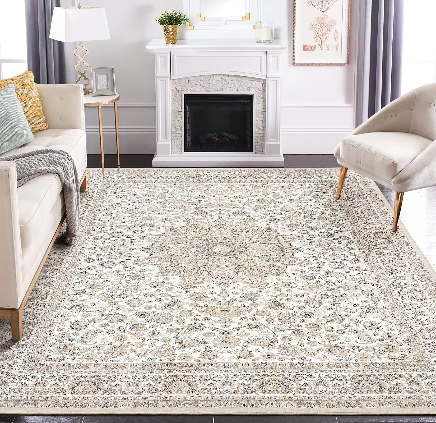 Area Rug Living Room Rugs: 9x12 Large Machine Washable Non Slip Thin Carpet Soft Indoor Luxury Floral Stain Resistant Carpets for Under Dining Table Farmhouse Bedroom Nursery Home Office Beige