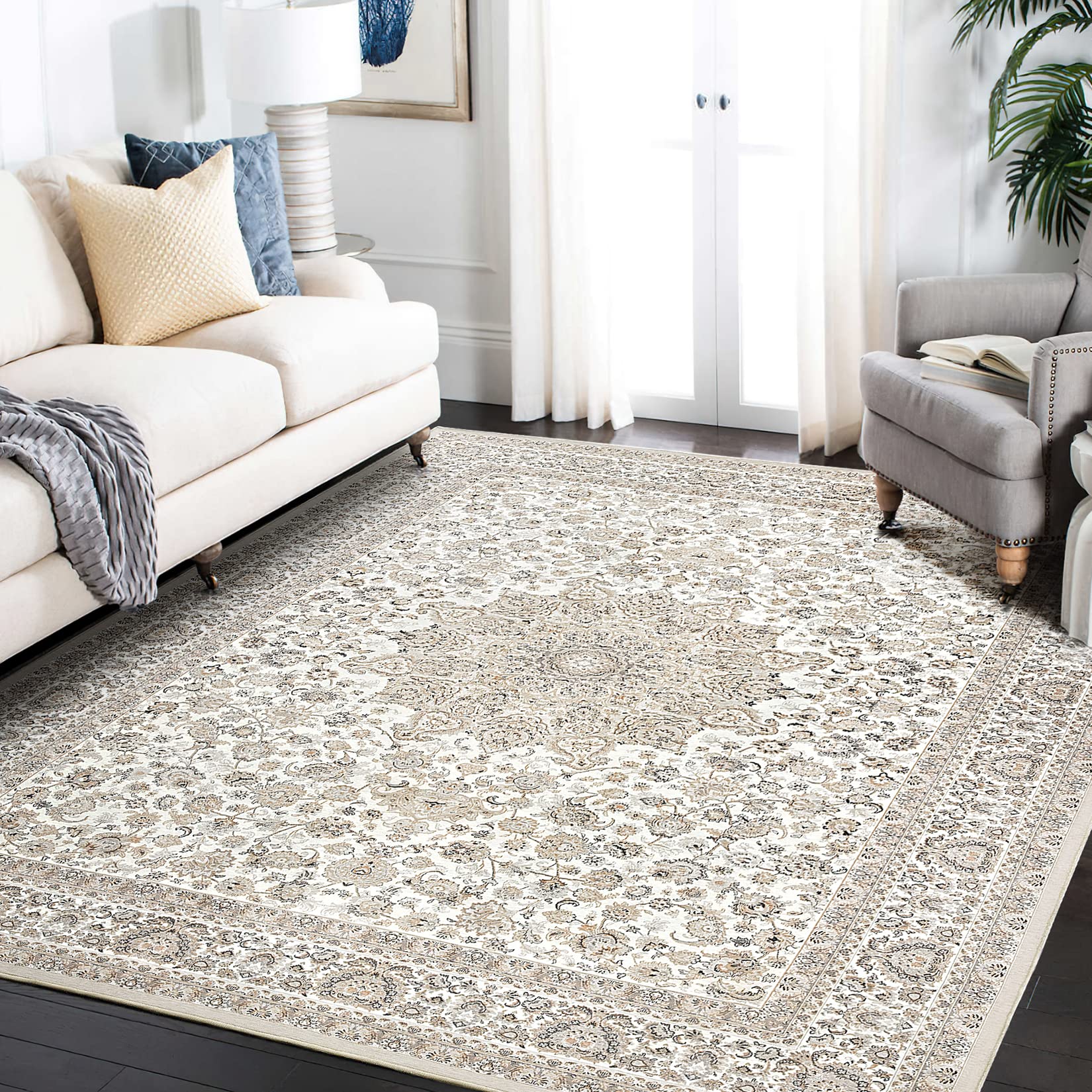 Area Rug Living Room Rugs: 9x12 Large Machine Washable Non Slip Thin Carpet Soft Indoor Luxury Floral Stain Resistant Carpets for Under Dining Table Farmhouse Bedroom Nursery Home Office Beige