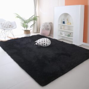 Black Shag Area Rug 9x12 - Large Soft Living Room Bedroom Fluffy Plush Rugs with Rubber Bcaking - Indoor Non-Slip Modern Fuzzy Shaggy Floor Carpet